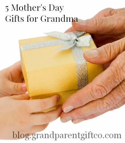 Grandchild's and Grandma's hands exchanging a gift with the text "5 Mother's Day Gifts for Grandma"