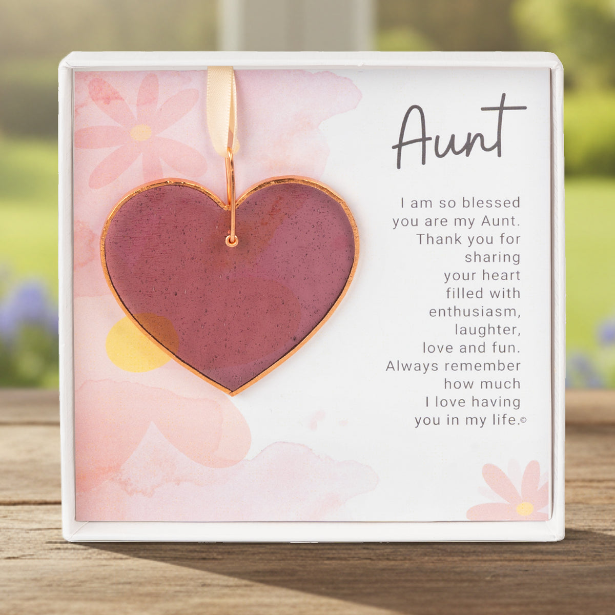 Handmade 3" textured pink rose mauve glass heart with Aunt sentiment in white box with clear lid.