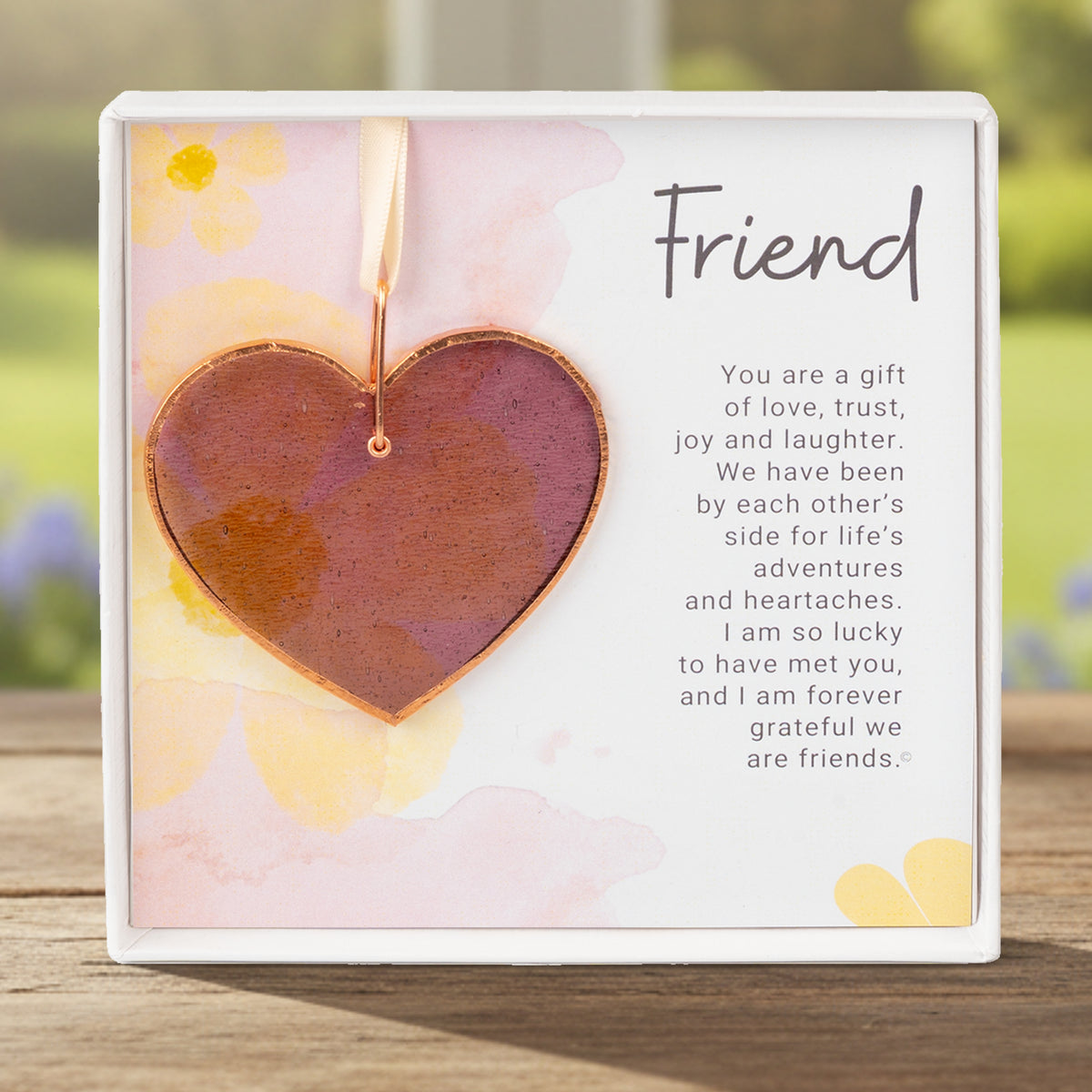 Handmade 3" textured pink rose mauve glass heart with Friend sentiment in white box with clear lid.