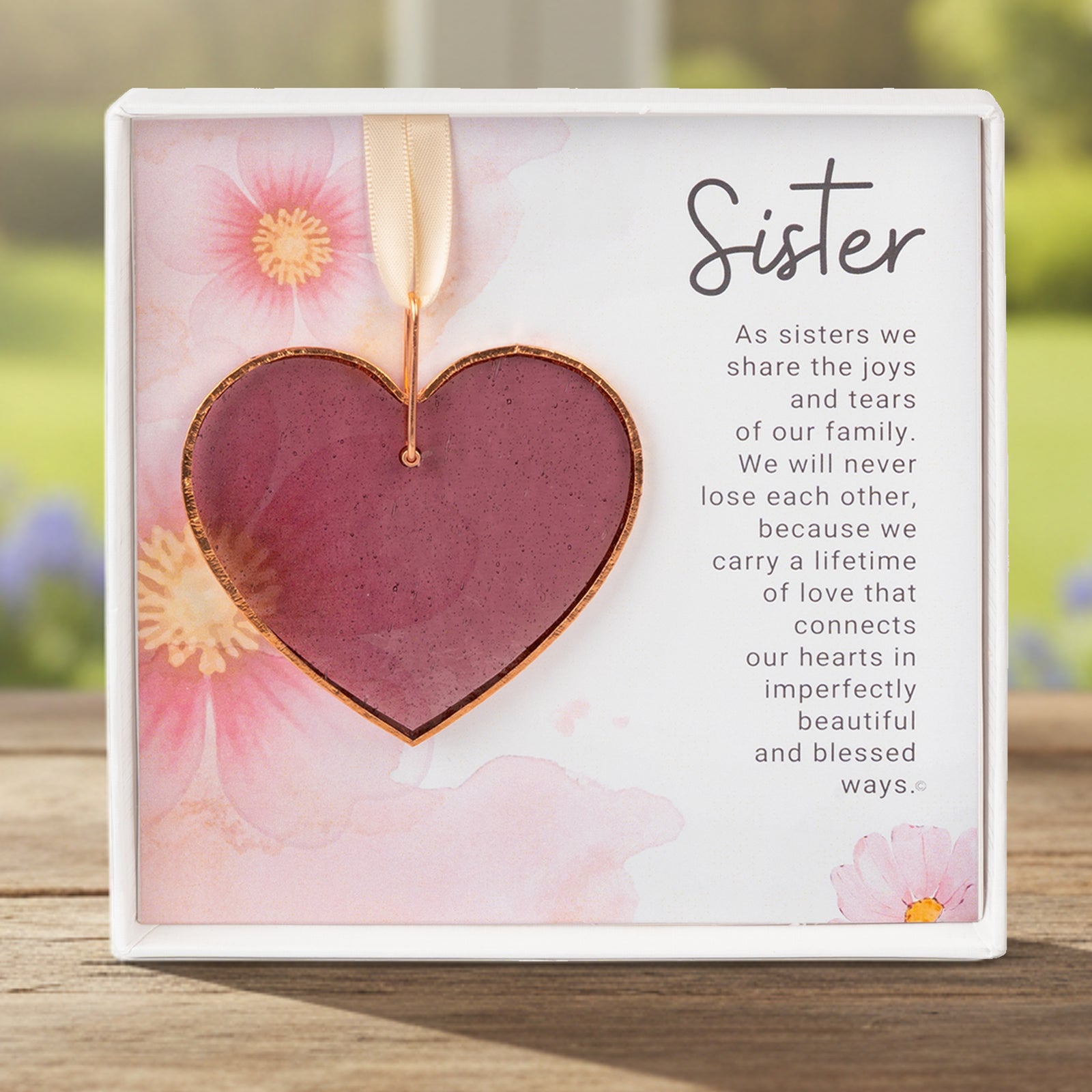 Handmade 3" textured pink rose mauve glass heart with Sister sentiment in white box with clear lid.