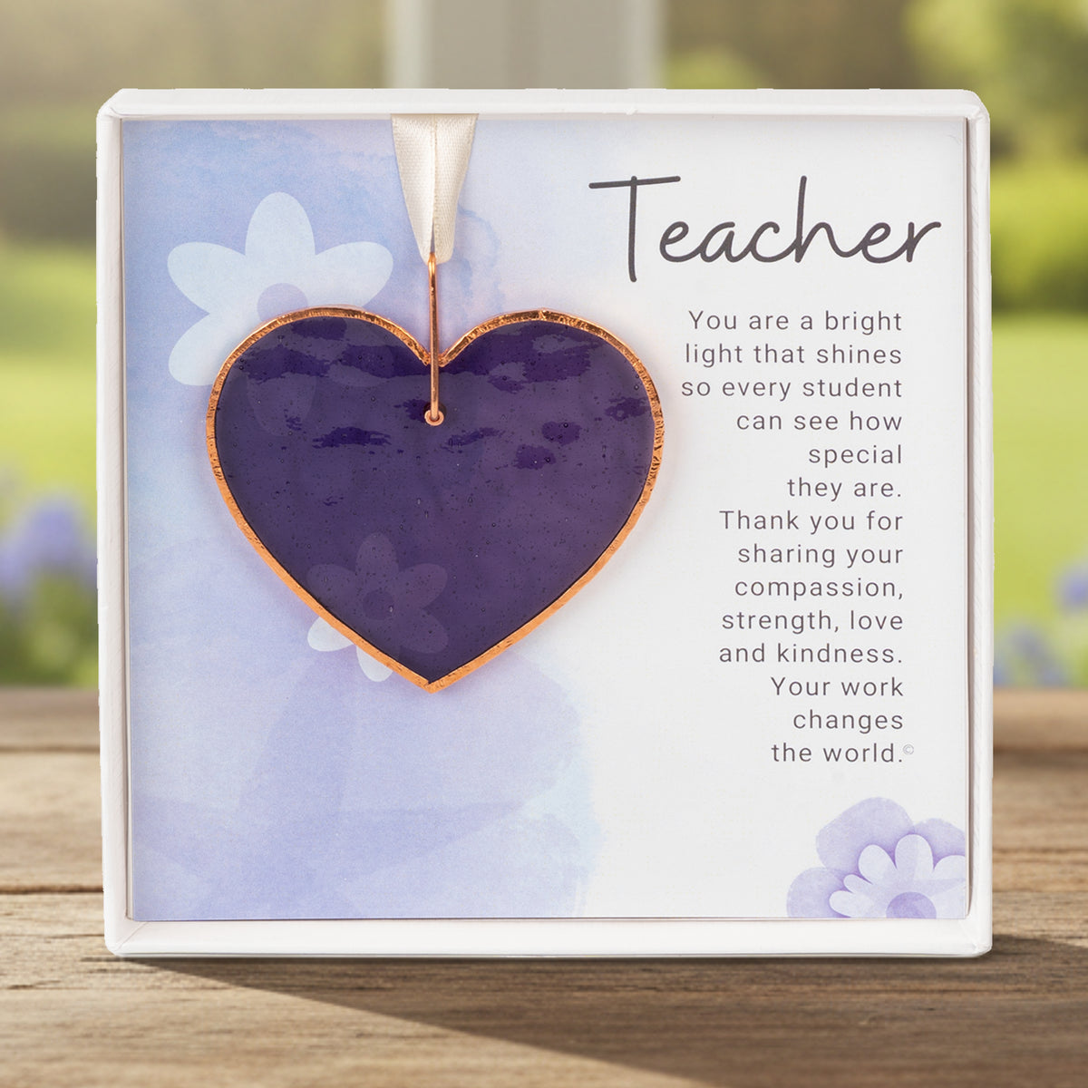 Handmade 3" textured stained glass purple heart with Teacher sentiment in white box with clear lid.