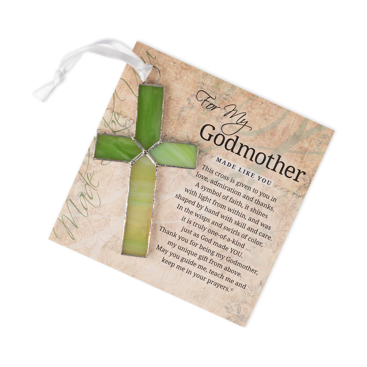 "For My Godmother" sentiment and green stained glass cross.