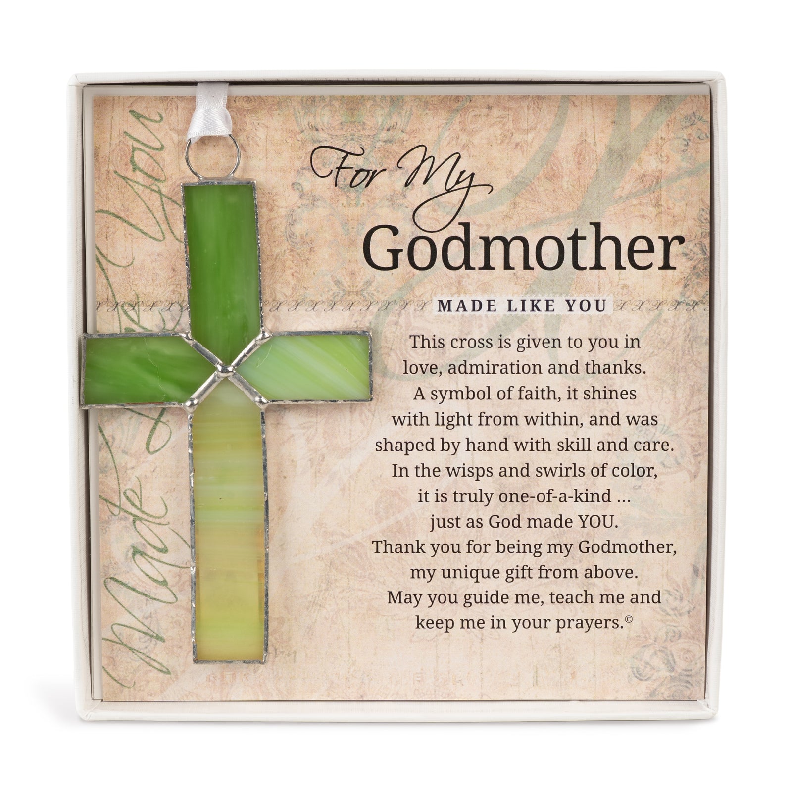Godmother Gift - Handmade 4 1/4" green stained glass cross and "For My Godmother" sentiment in white box with clear lid.