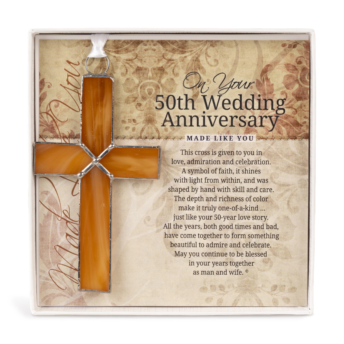 50th Anniversary Gift - Handmade 4 1/4" amber stained glass cross and "On Your 50th Wedding Anniversary" sentiment in white box with clear lid