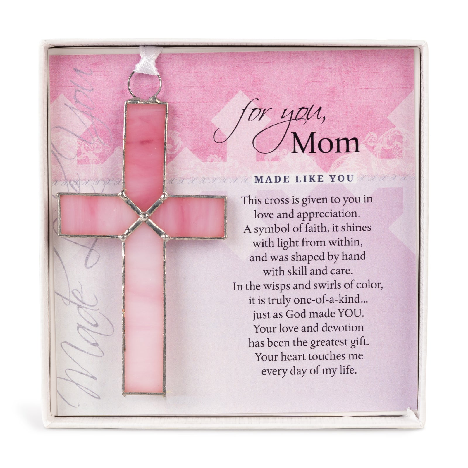 Mom Gift - 4 1/4" pink stained glass cross and "For You, Mom" sentiment in white box with clear lid.