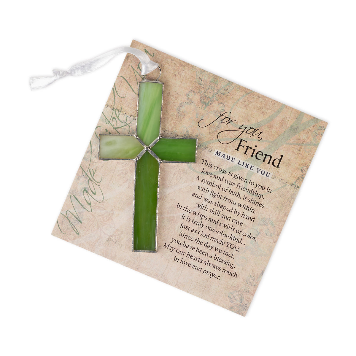 "For You, Friend" sentiment and green stained glass cross.