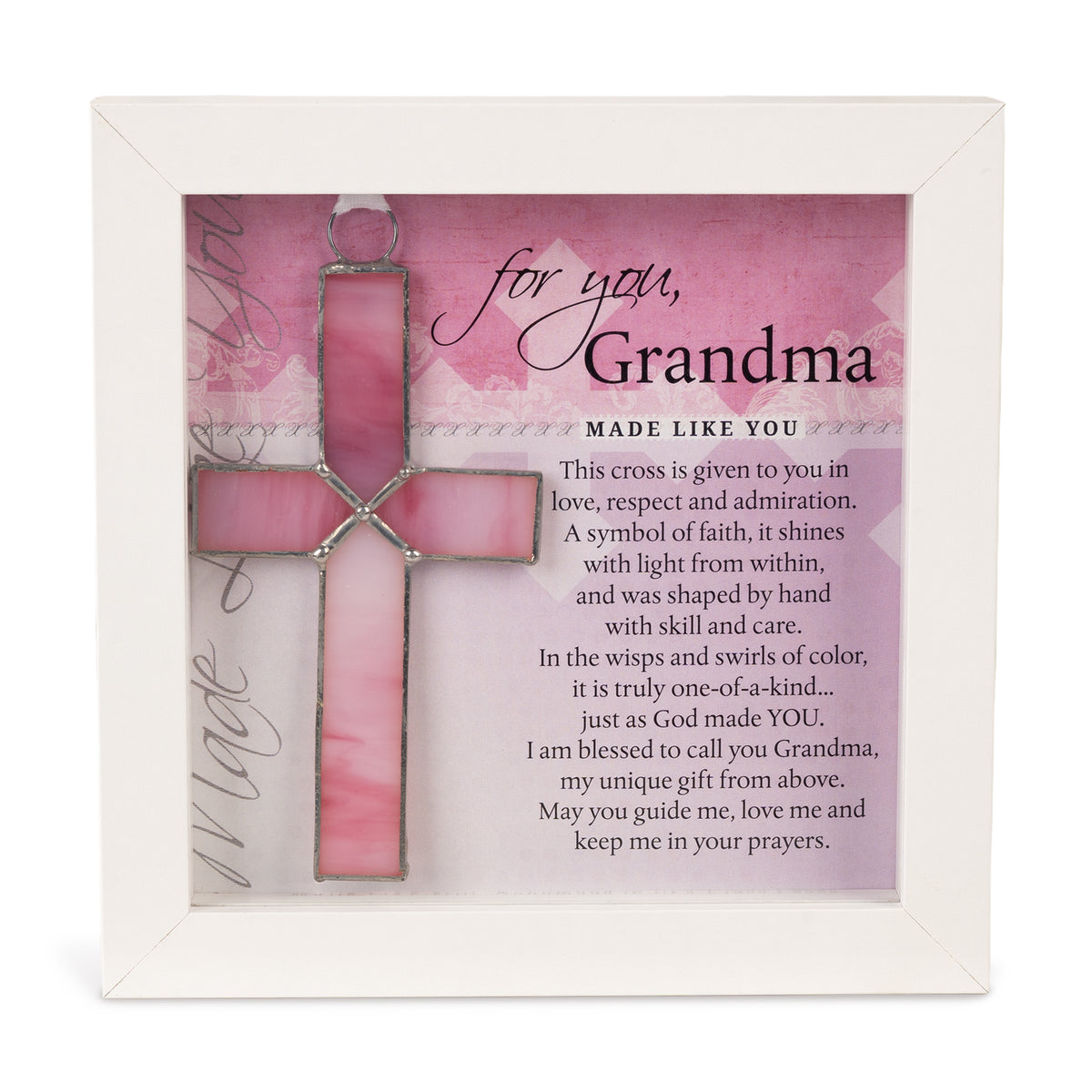 Grandma Gift - Framed handmade 4 1/4" pink stained glass cross and "For You, Grandma" sentiment.