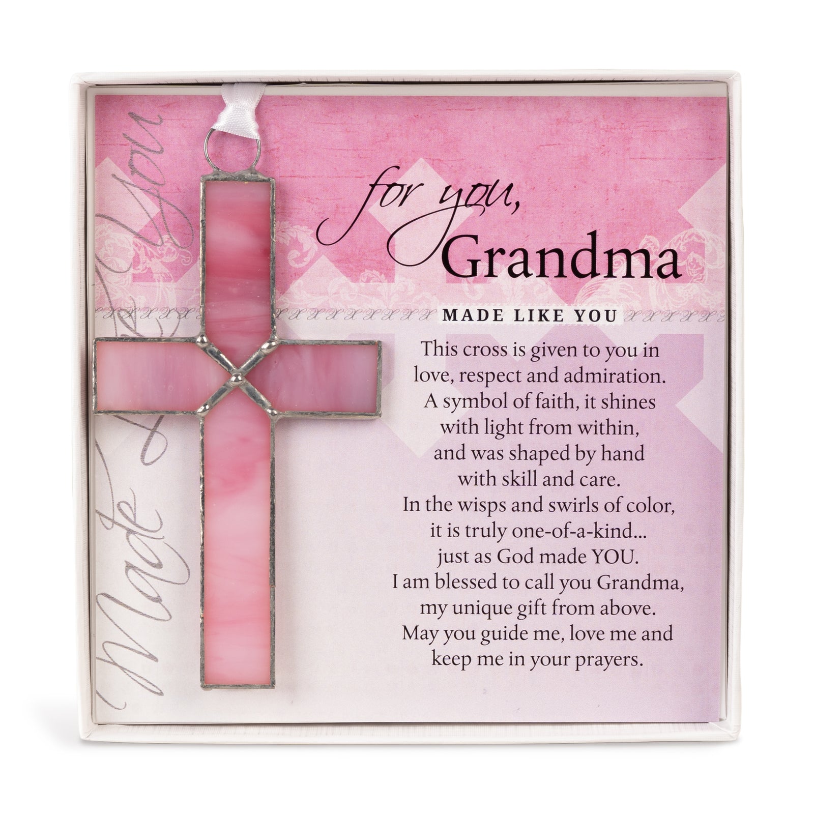 Grandma Gift - 4 1/4" pink stained glass cross and "For You, Grandma" sentiment in white box with clear lid.
