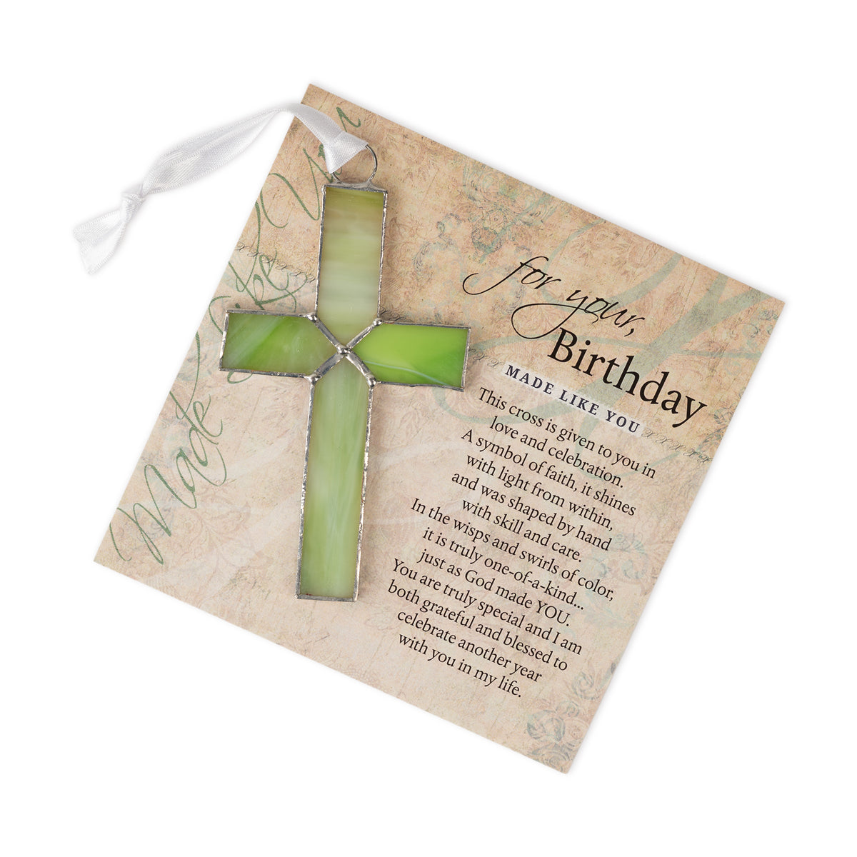 "For Your, Birthday" sentiment and green stained glass cross.