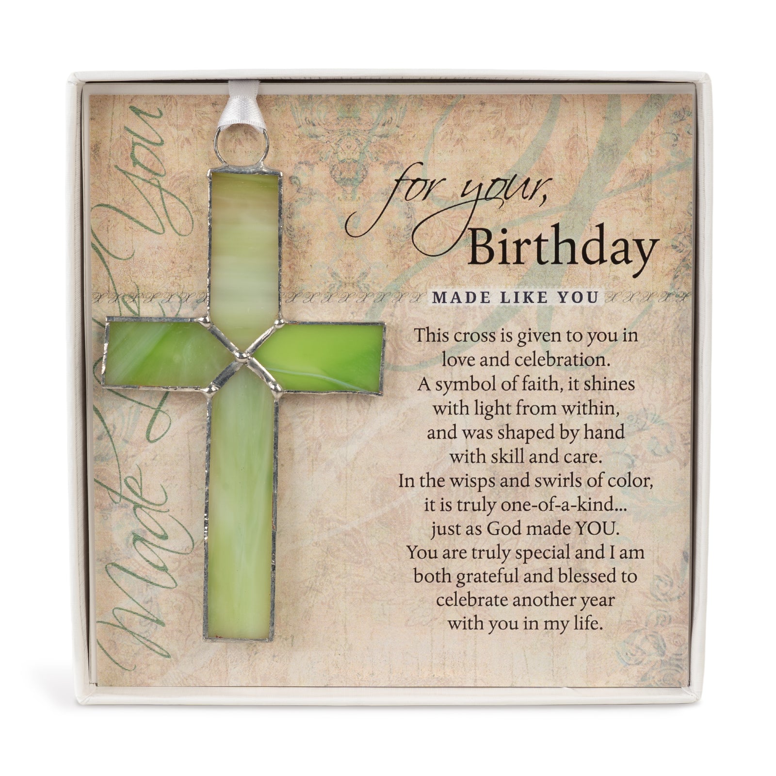 Birthday Gift - Handmade 4 1/4" green stained glass cross and "For Your, Birthday" sentiment in white box with clear lid