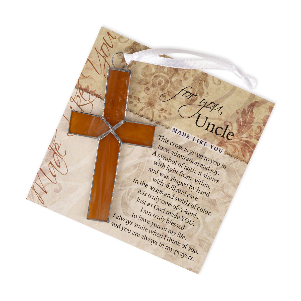 Amberg stained glass cross with "For You, Uncle" artwork.