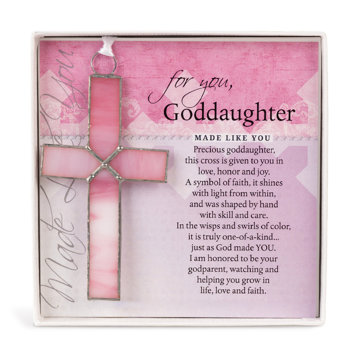 Goddaughter Gift - 4 1/4" pink stained glass cross and "For You, Goddaughter" sentiment in white box with clear lid.