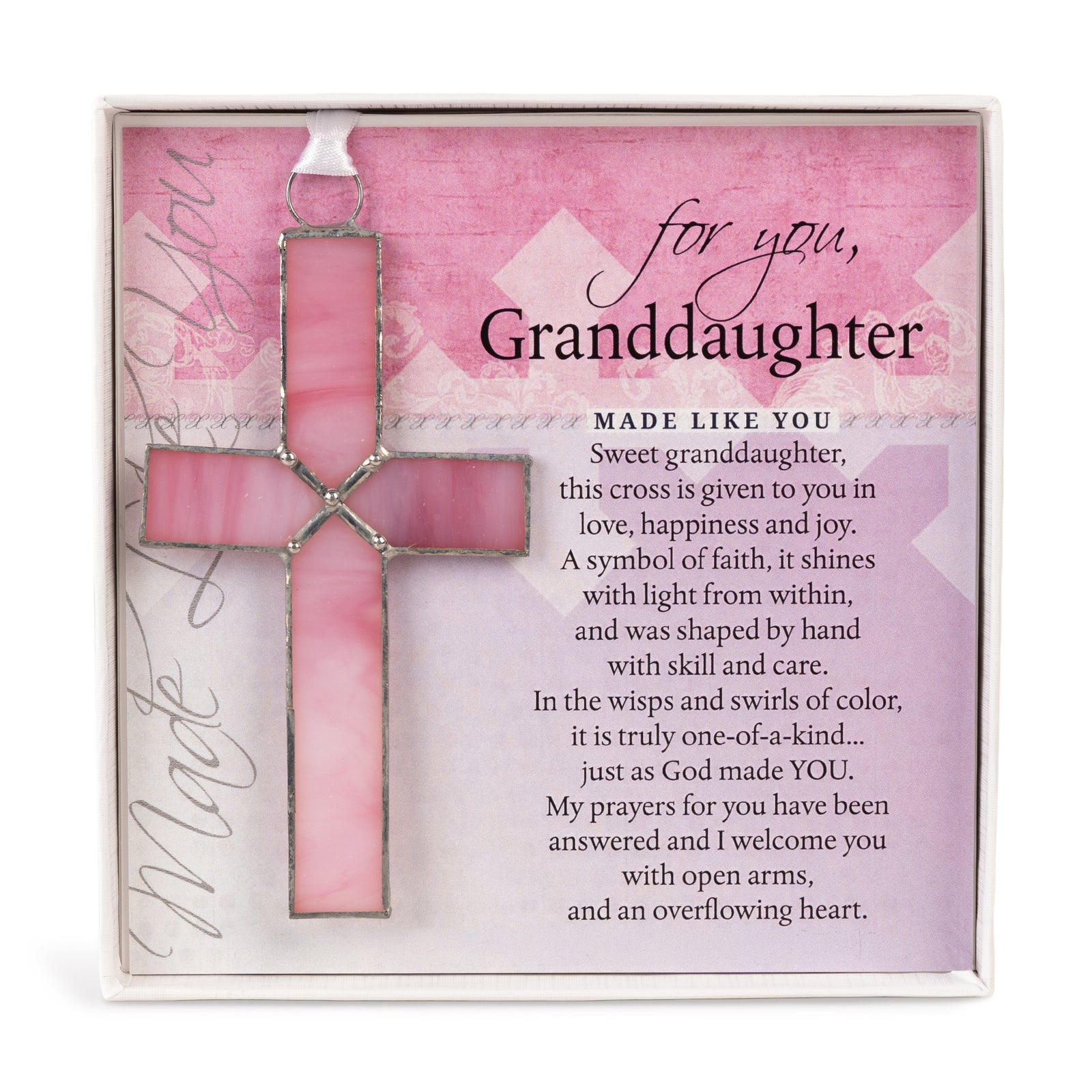 Granddaughter Gift - 4 1/4" pink stained glass cross and "For You, Granddaughter" sentiment in white box with clear lid.