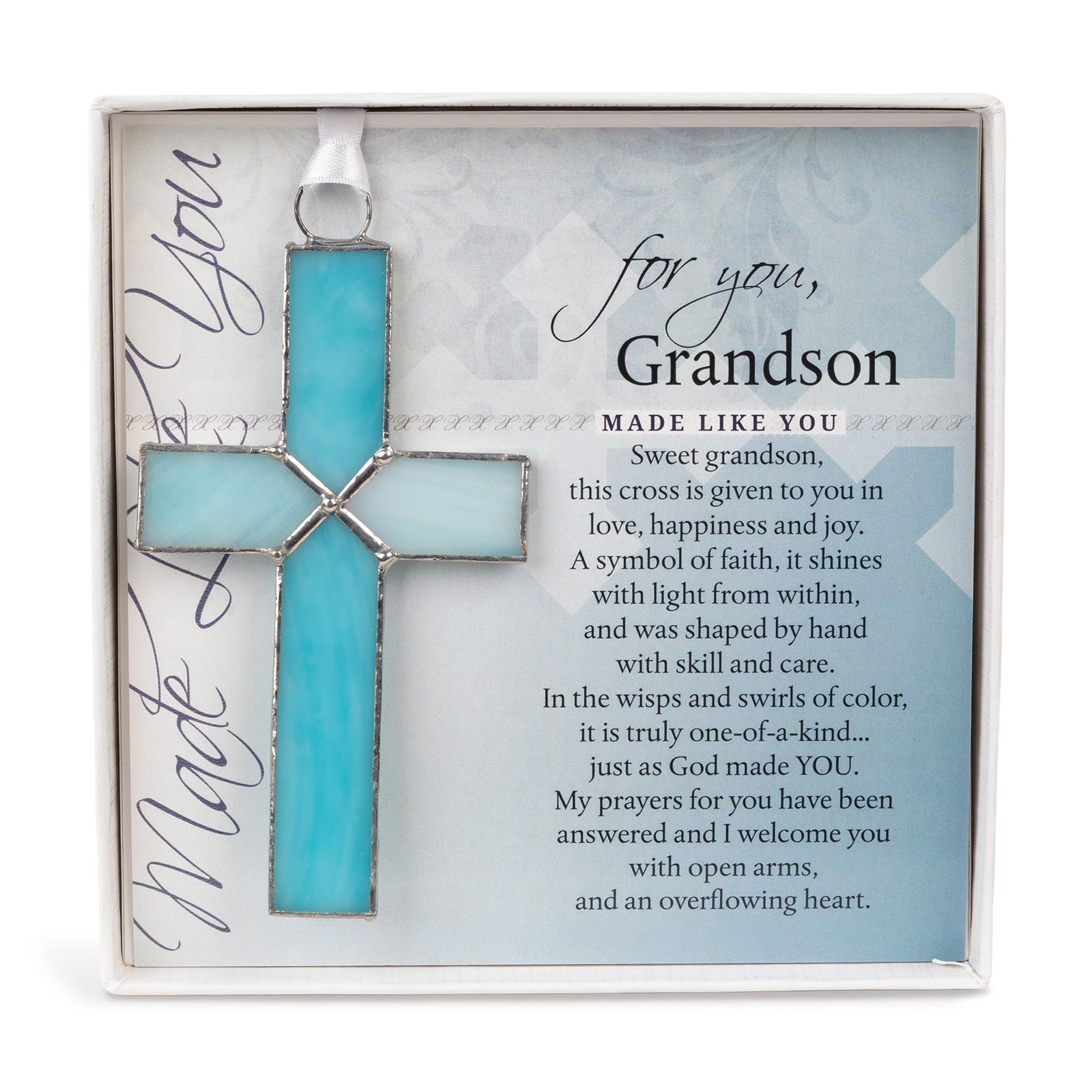 Grandson Gift - Handmade 4 1/4" light blue stained glass cross and "For You, Grandson" sentiment in white box with clear lid.