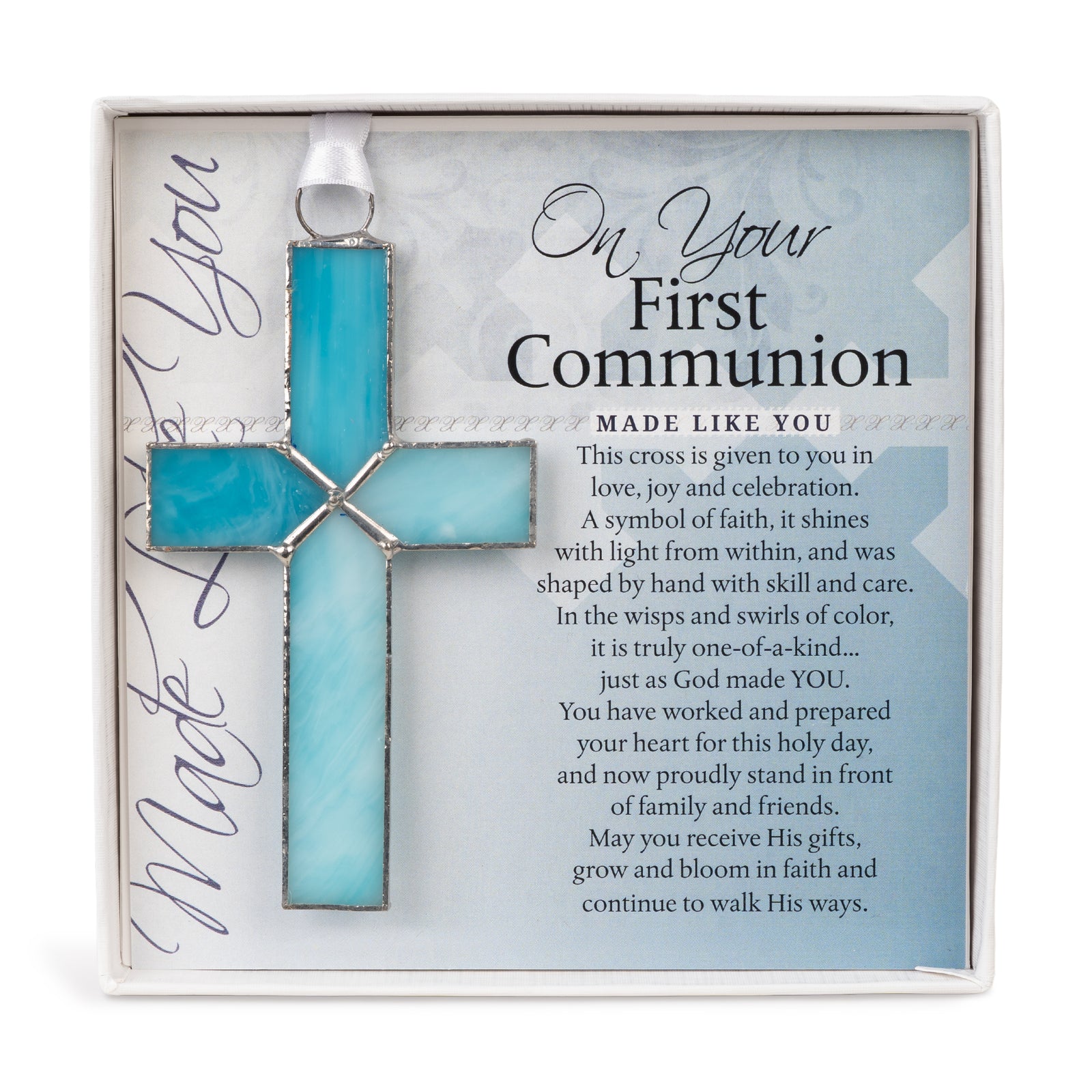 First Communion Gift - Handmade 4 1/4" light blue stained glass cross and "On Your First Communion" sentiment in white box with clear lid.