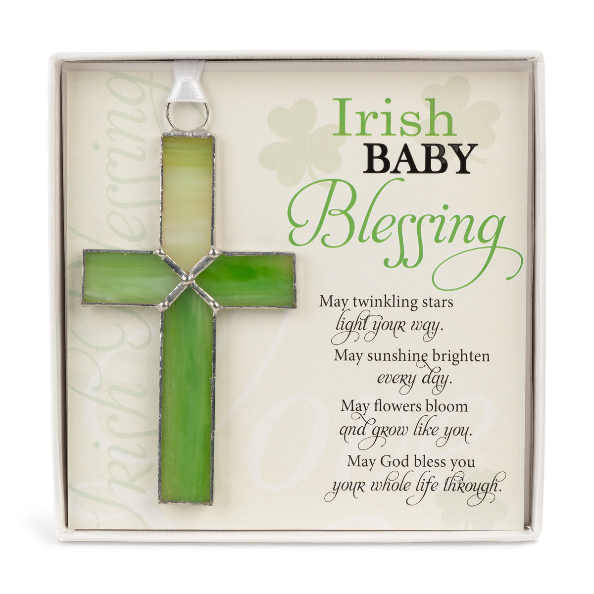 Irish Baby Gift - Handmade 4 1/4" green stained glass cross and "Irish Baby Blessing" sentiment in white box with clear lid.