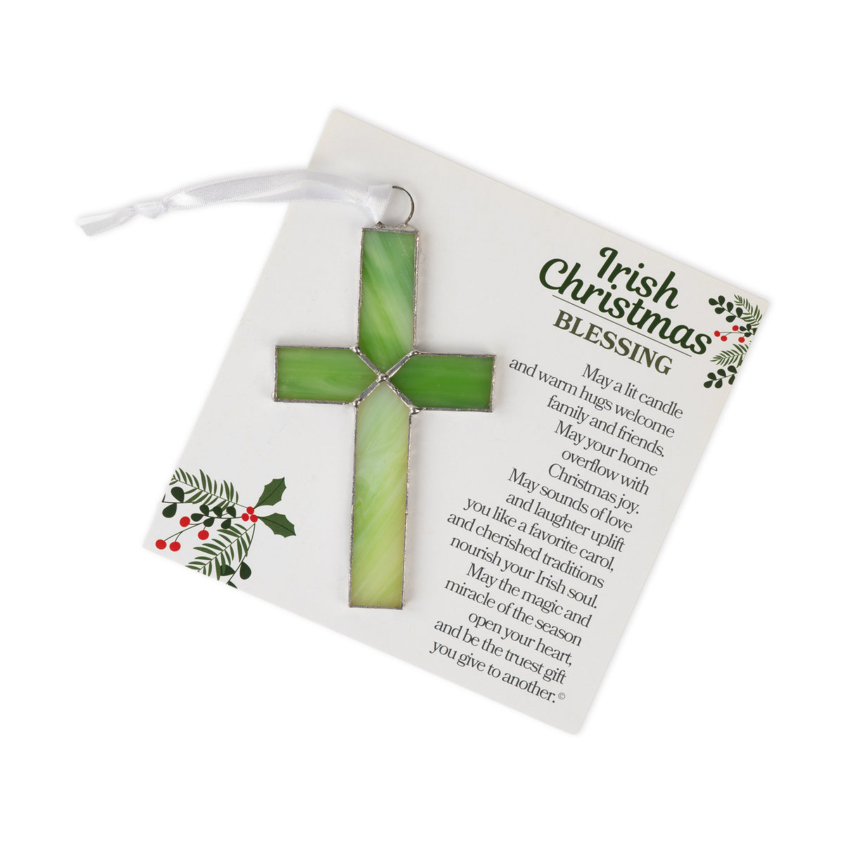 "Irish Christmas Blessing" sentiment and green stained glass cross.