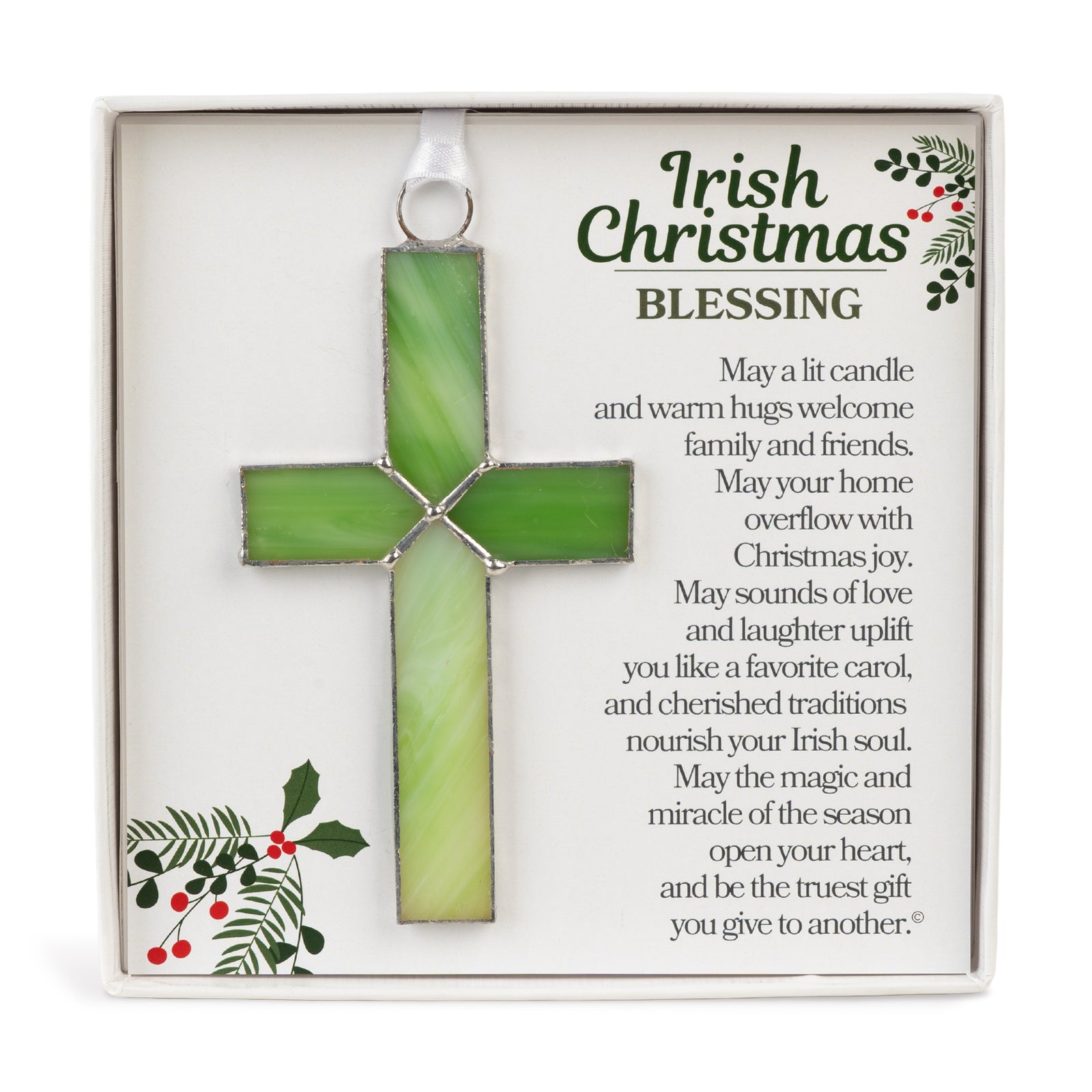 Irish Christmas Gift - Handmade 4 1/4" green stained glass cross and "Irish Christmas Blessing" sentiment in white box with clear lid.