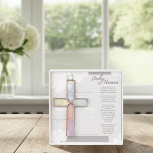 6 of 6:Infant loss poem and stained glass cross on a table.