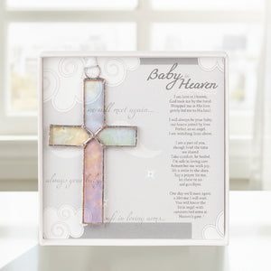 1 of 6:Baby in Heaven: Infant Loss Memorial Handmade stained glass cross with Baby in Heaven sentiment on a folding card; packaged in a white 5.5
