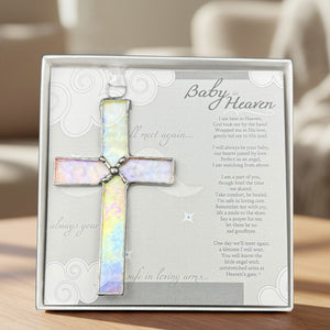 1 of 6:Baby in Heaven: Infant Loss Memorial Handmade stained glass cross with Baby in Heaven sentiment on a folding card; packaged in a white 5.5