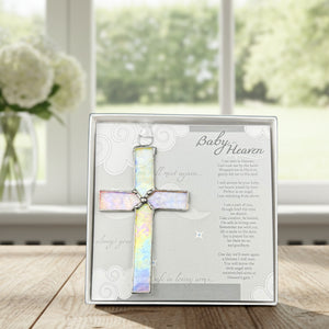 5 of 6:Infant loss poem and stained glass cross on a table.