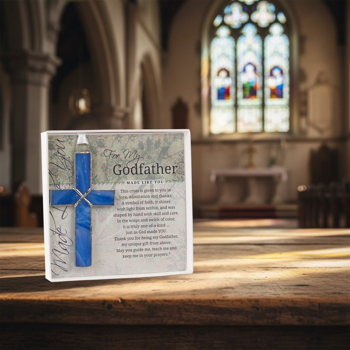 "For My Godfather" gift displayed on a table at a Church.
