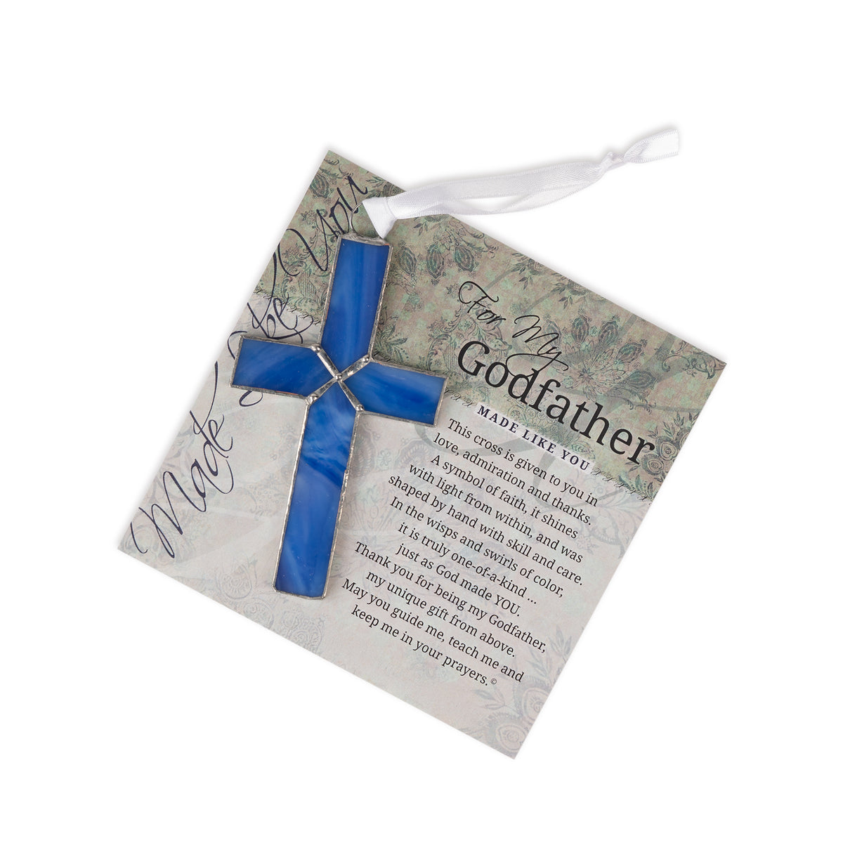 "For My Godfather" artwork with sentiment and blue glass cross.