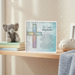 2 of 4:Baptism artwork with sentiment and glass cross.