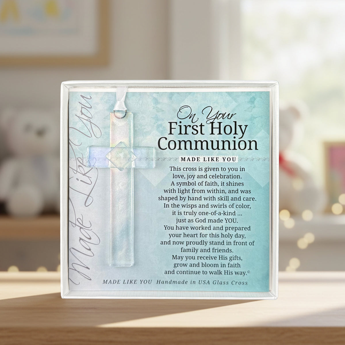 First Holy Communion cross on a shelf in a child's room.