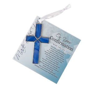 2 of 5:Blue stained glass cross and artwork with confirmation sentiment.