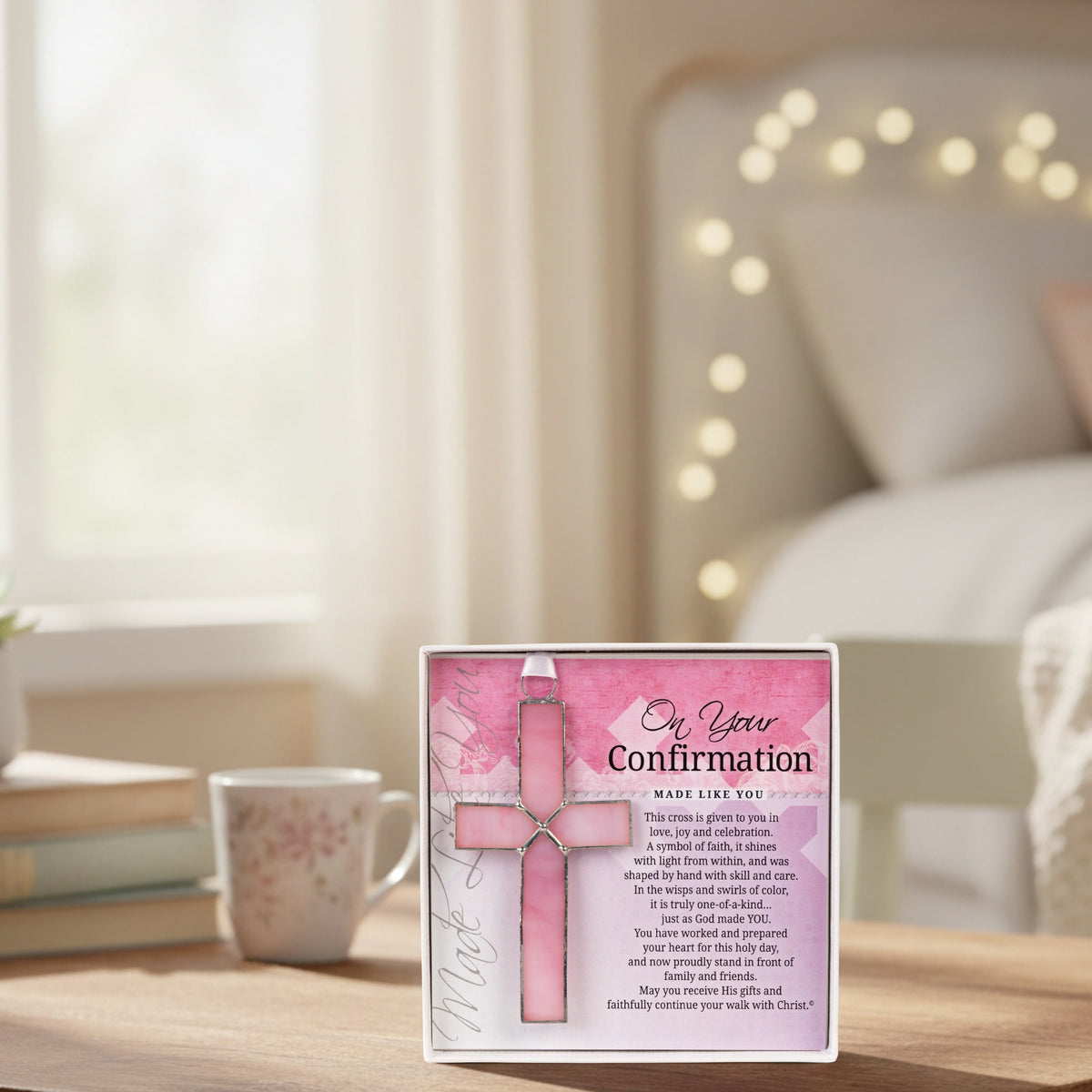 "On Your Confirmation" cross gift on a table in a teen girl's room.
