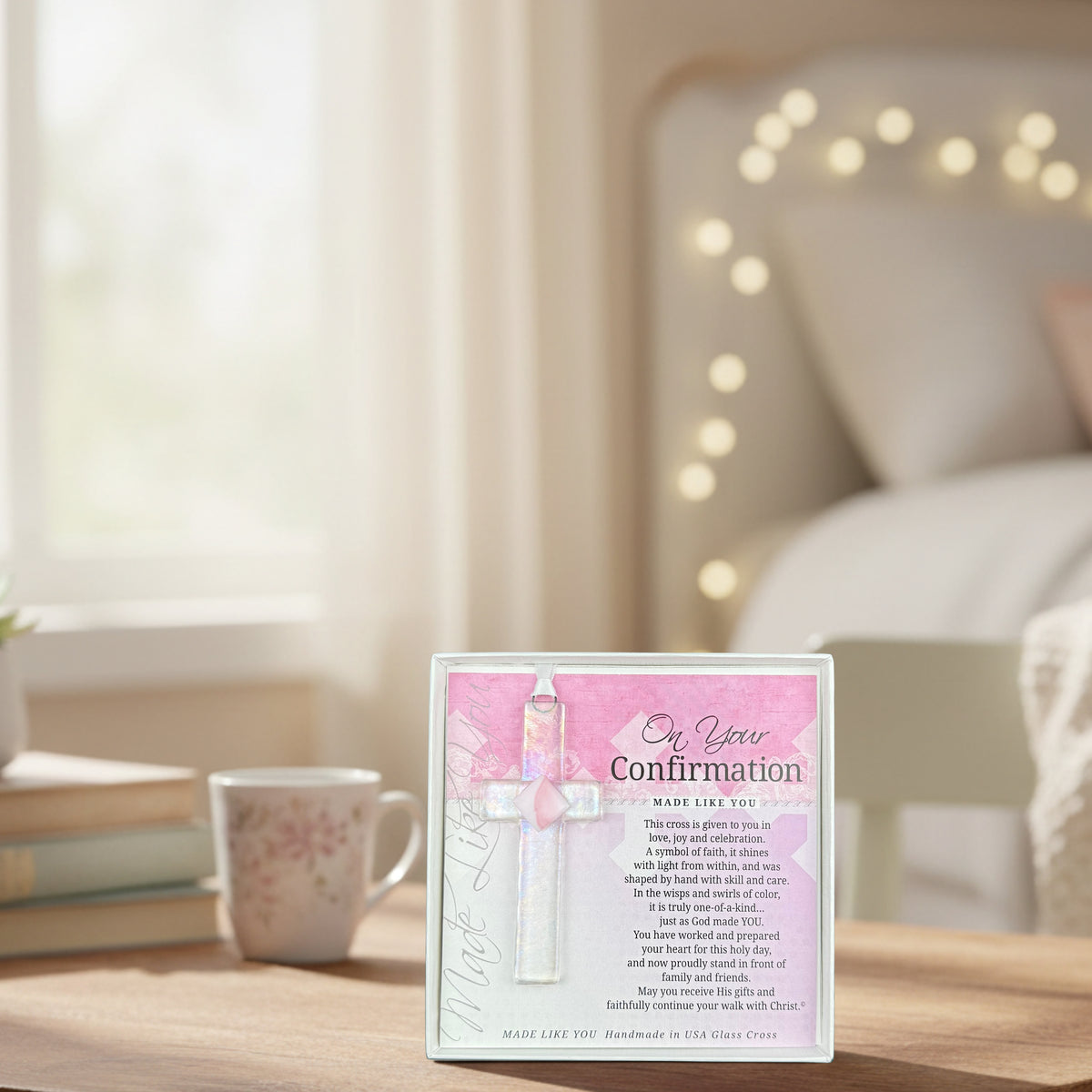 "On Your Confirmation" cross gift on a table in a teen girl's room.