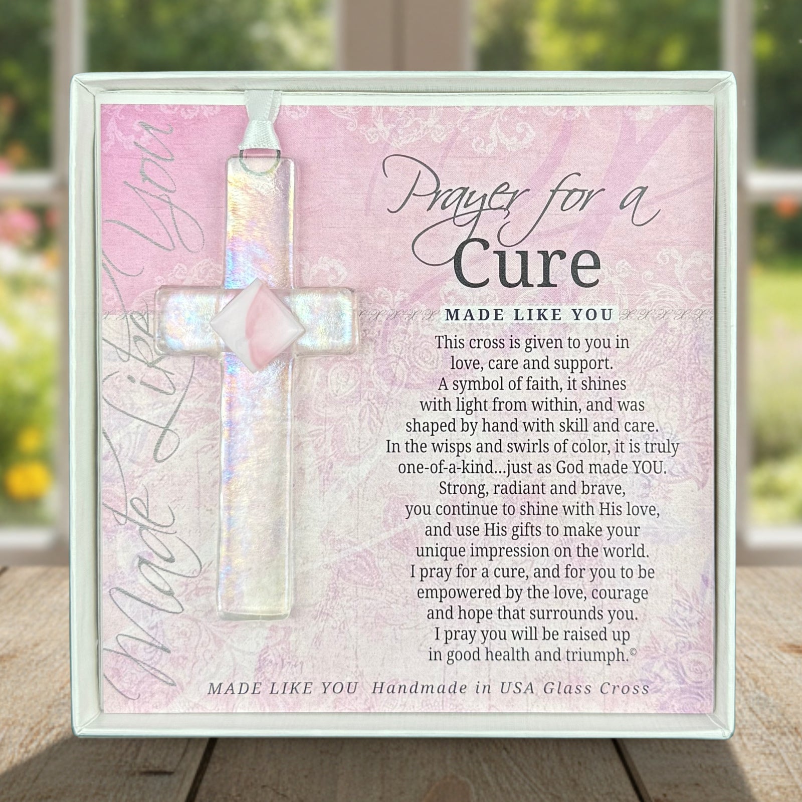 Get Well Gift - Handmade 4" clear glass cross with pink accent and "Prayer for a Cure" sentiment in white box with clear lid.