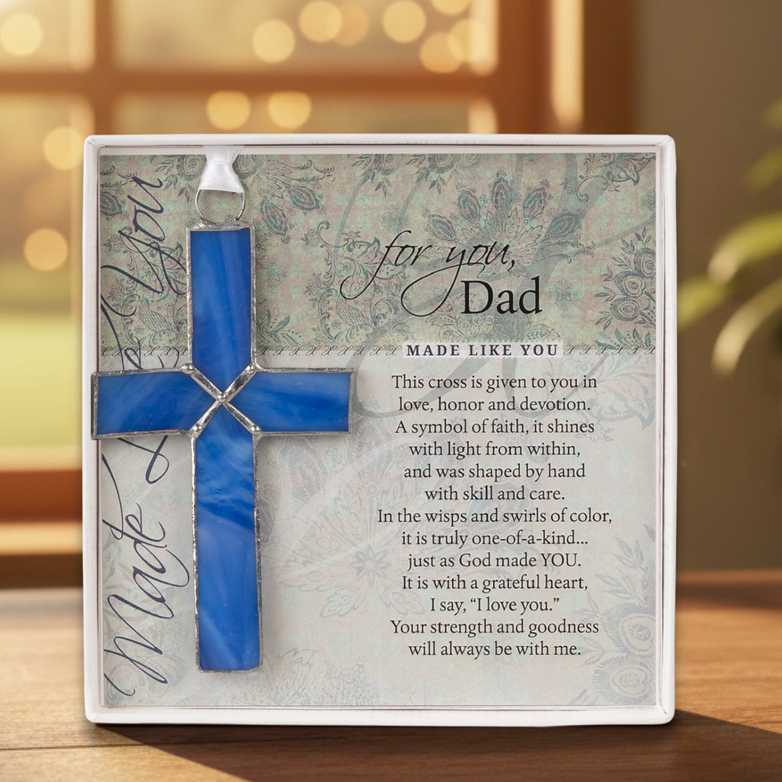 Dad Gift - Handmade 4 1/4" blue stained glass cross and "For You, Dad" sentiment in white box with clear lid.