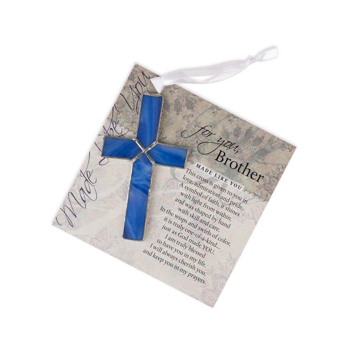 "For You, Brother" artwork with sentiment and blue stained glass cross.