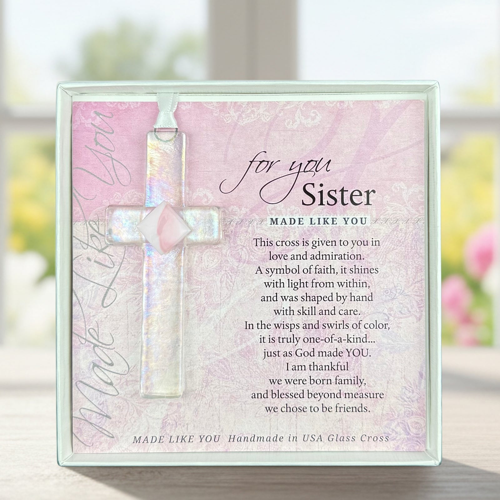 Sister Gift - Handmade 4" clear glass cross with pink accent and "For You, Sister" sentiment in white box with clear lid.