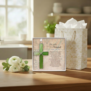4 of 4:Gift for friend on kitchen table next to a gift bag and flowers.