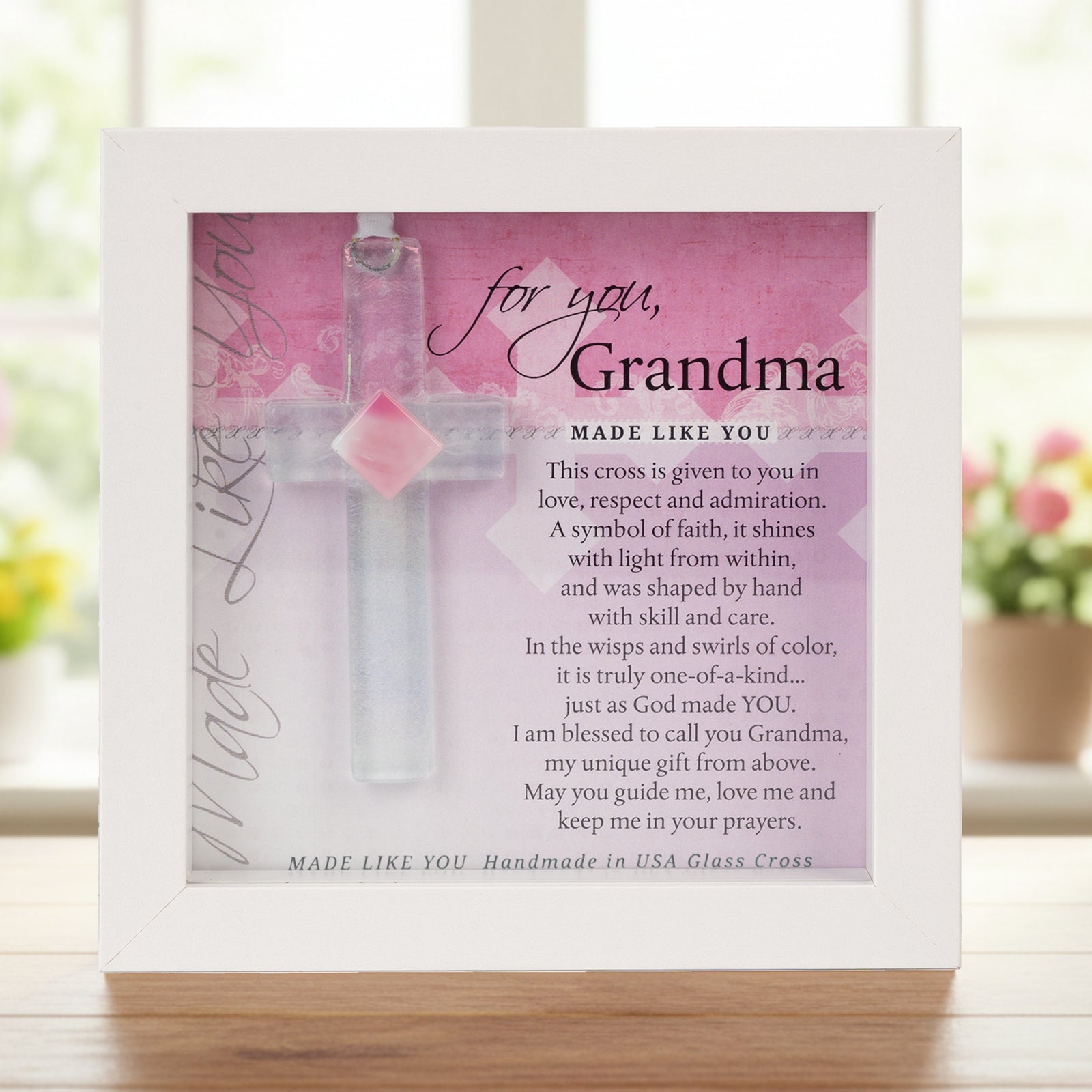 Grandma Gift - Framed handmade 4" clear glass cross with pink accent and "For You, Grandma" sentiment.