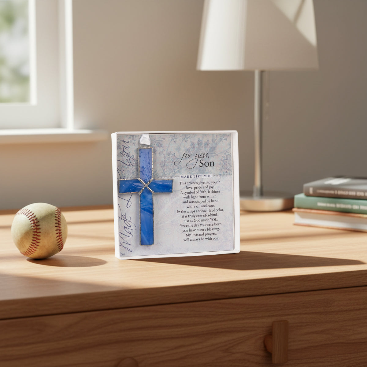 "For You, Son" gift displayed on a boy's dresser.