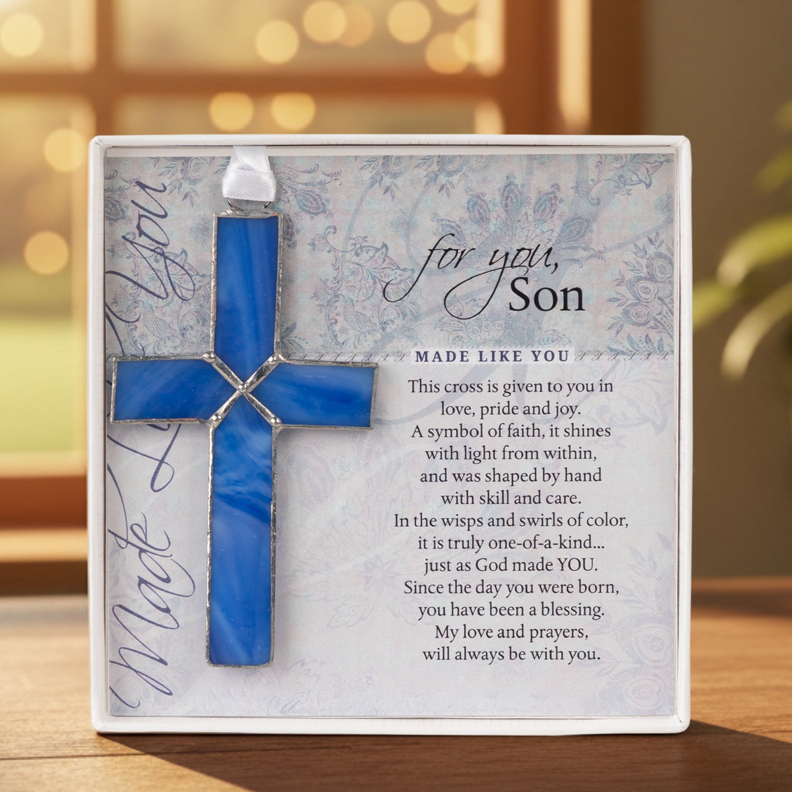 Son Gift - Handmade 4 1/4" blue stained glass cross and "For You, Son" sentiment in white box with clear lid.