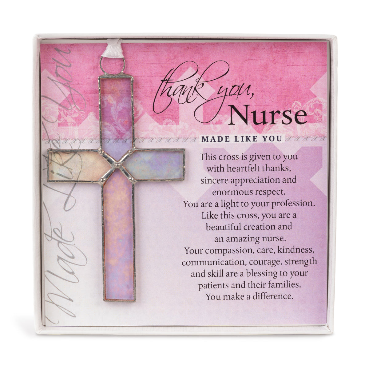 Nurse Thank You Gift - Handmade 4 1/4" clear iridescent stained glass cross and "Thank You, Nurse" sentiment in white box with clear lid.