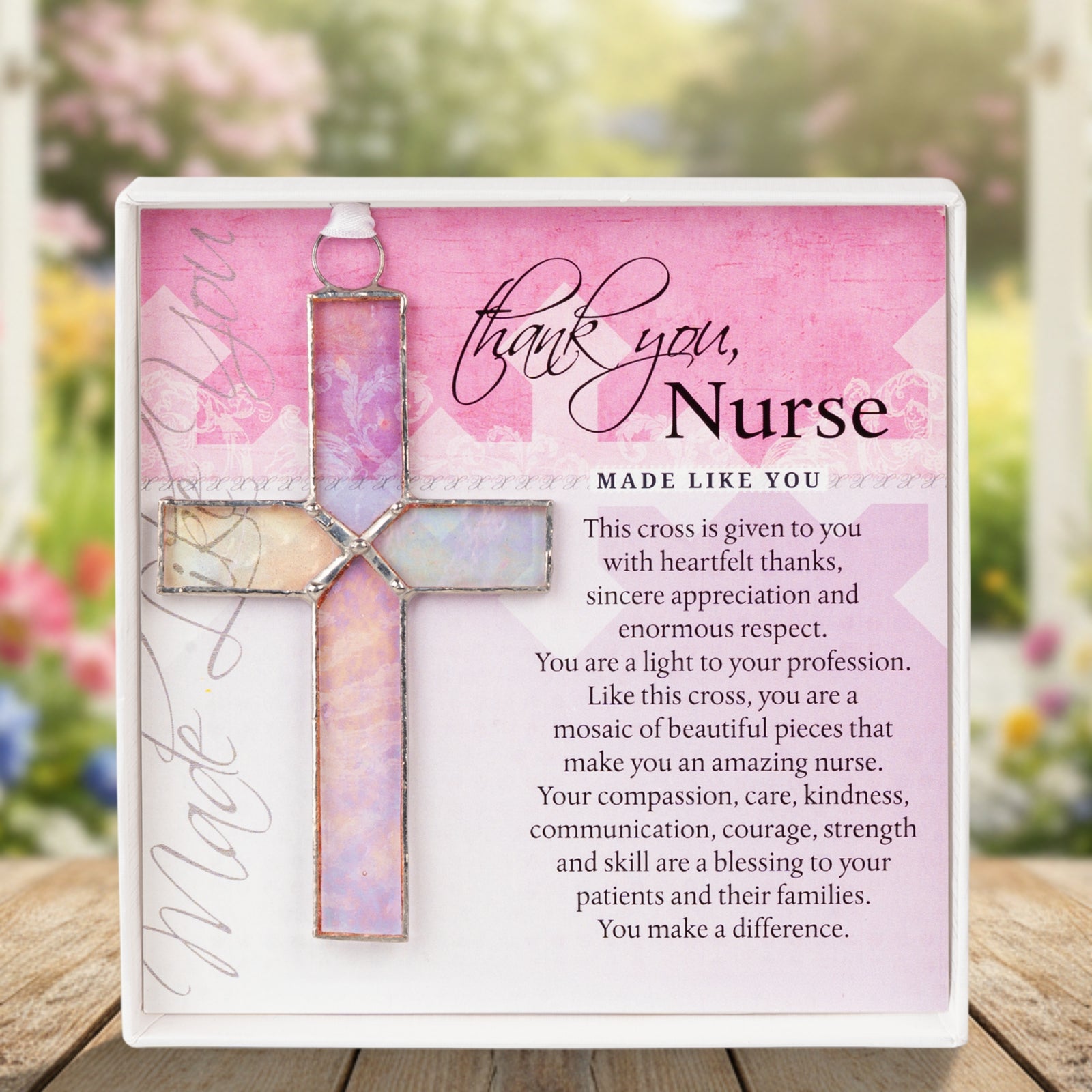 Nurse Thank You Gift - Handmade 4 1/4" clear iridescent stained glass cross and "Thank You, Nurse" sentiment in white box with clear lid.