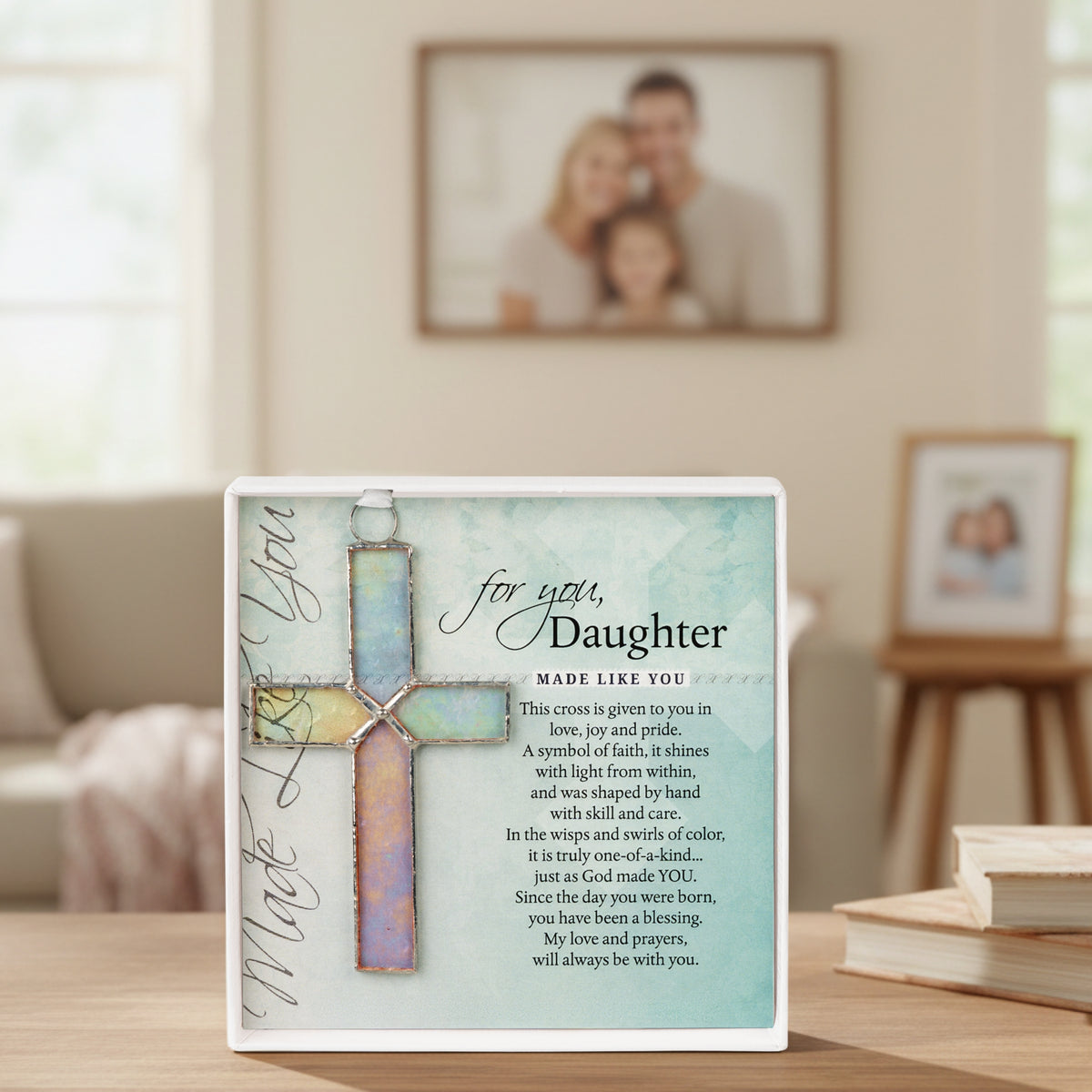 "For You Daughter" boxed cross on a table in a family's living room.