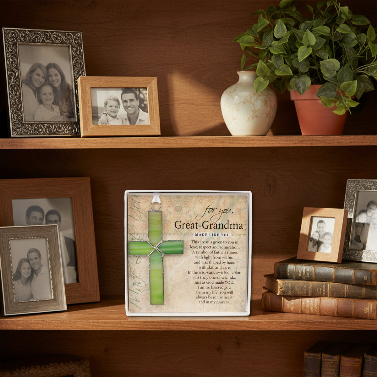 Product displayed on a bookshelf.
