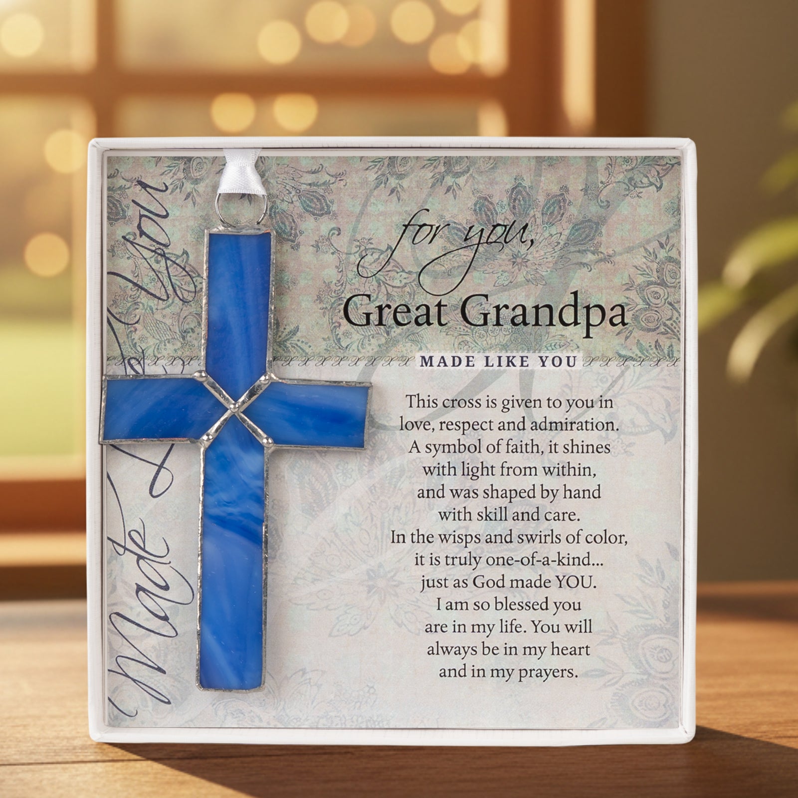 Great-Grandpa Gift - Handmade 4 1/4" blue stained glass cross and "For You, Great-Grandpa" sentiment in white box with clear lid.