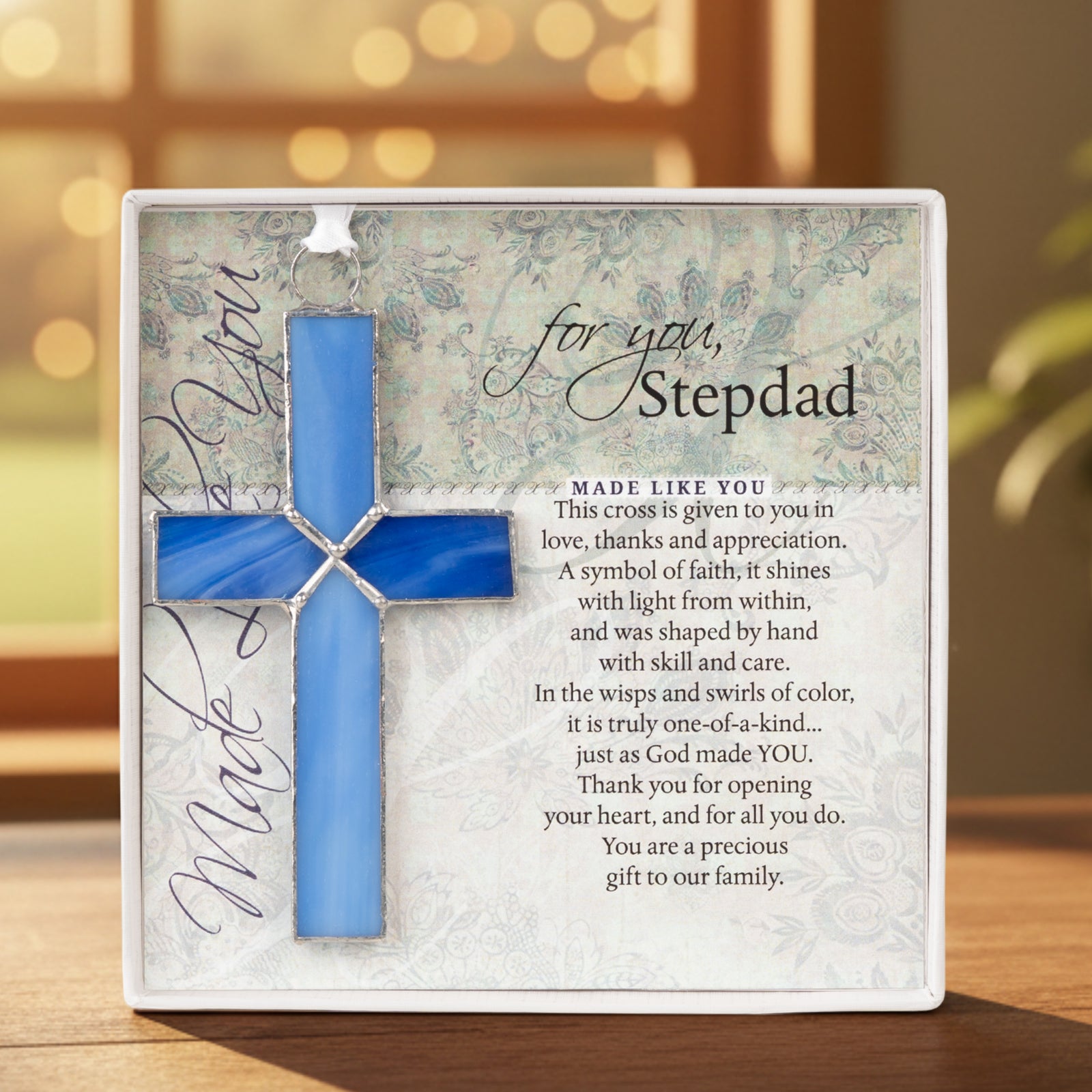 Stepdad Gift - Handmade 4 1/4" navy blue stained glass cross and "For You, Stepdad" sentiment in white box with clear lid.