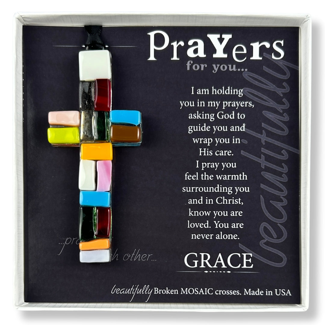 Support Gift - 4" hanging "Made in the USA" multi-color mosaic glass cross with "Prayers for You" sentiment, packaged in white box with clear lid.