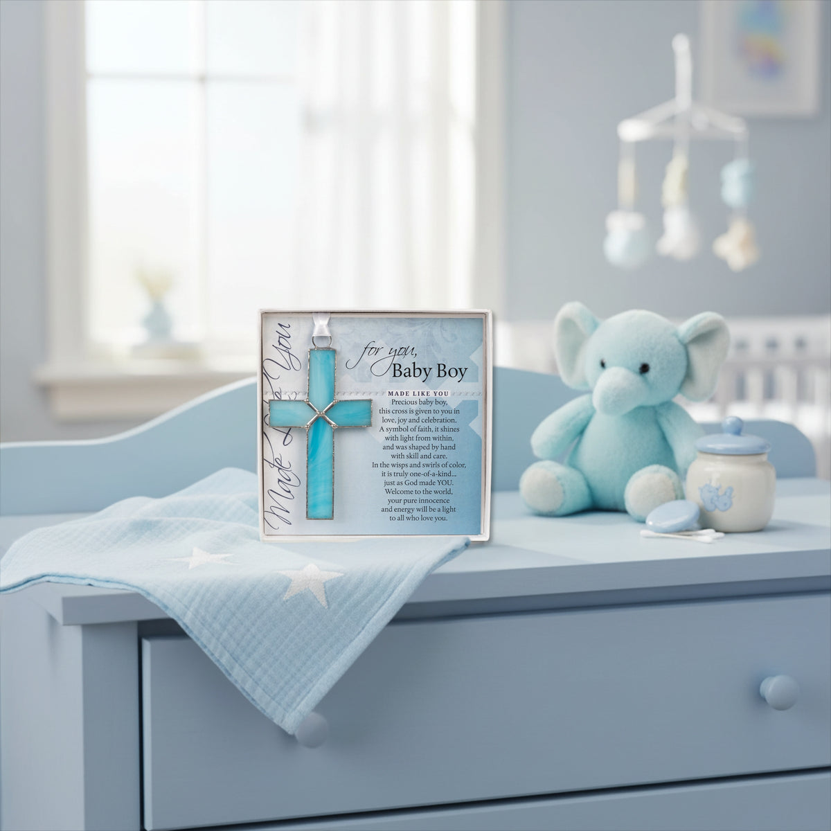Baby Boy gift in nursery setting.