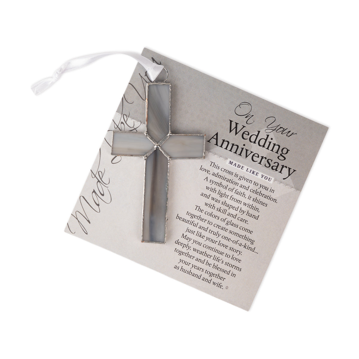Gray stained glass cross and "On Your Wedding Anniversary" sentiment.
